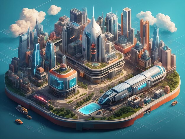 illustrazione isometrica che rappresenta una città futuristica con edifici hightech che volano con droni di automobili