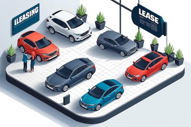 Illustrazione isometrica del leasing di automobili noleggio e acquisto di veicoli infografica del lease di automobili