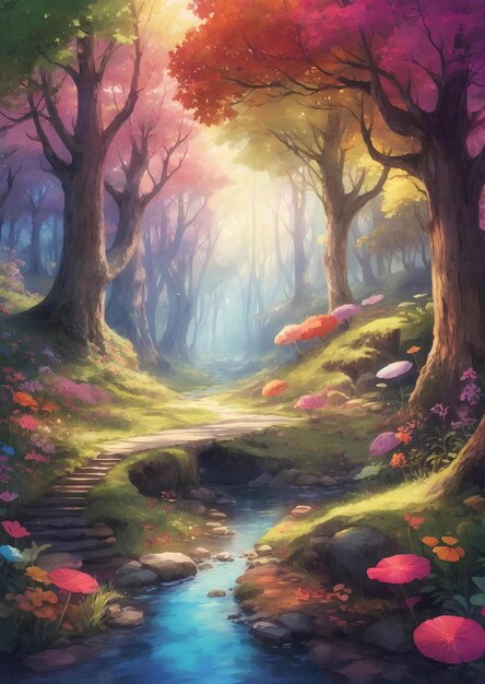 Illustrazione isometrica radura luminosa foresta di funghi magici fiaba regni colorati fumetto