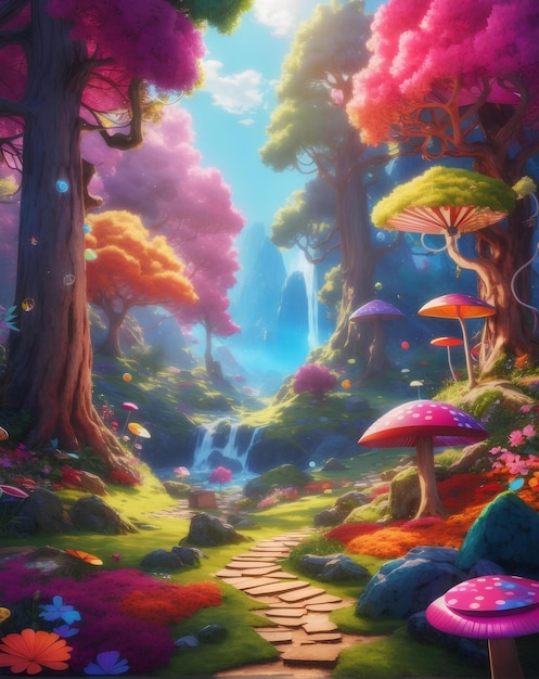 Illustrazione isometrica radura luminosa foresta di funghi magici fiaba regni colorati fumetto