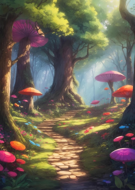 Illustrazione isometrica radura luminosa foresta di funghi magici fiaba regni colorati fumetto