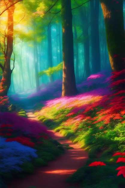 Illustrazione isometrica radura luminosa una foresta magica fiaba regni colorati per fumetti
