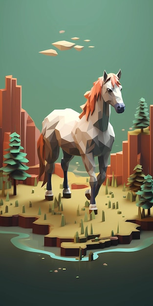 Illustrazione isometrica renderizzata sul tema del cavallo pixelato colori freschi 3D con attenzione al