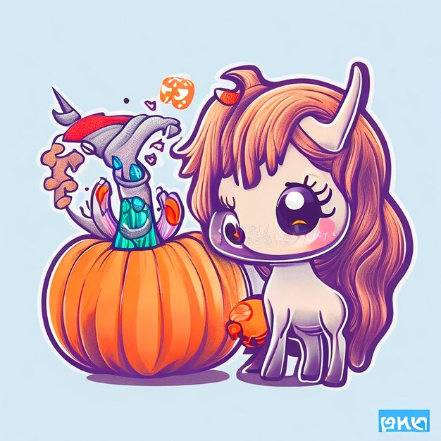 illustrazione Kawaii bambino unicorno e cervi che giocano con una piccola palla di zucca Halloween