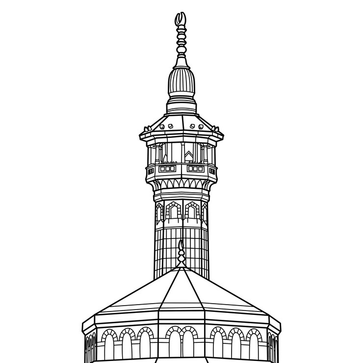 Illustrazione lineare di un edificio di moschea dove i musulmani adorano su uno sfondo bianco.