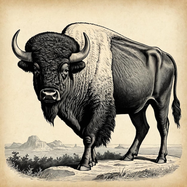 Illustrazione litografica grafica in stile antico di un bisonte fantastico