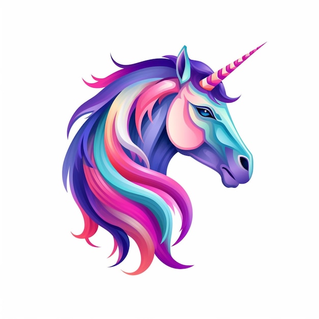 Illustrazione Logo dell'icona dell'unicorno AI generativa in toni rosa e viola su uno sfondo bianco