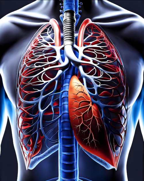 Illustrazione medica 3D del busto e dei polmoni di una persona