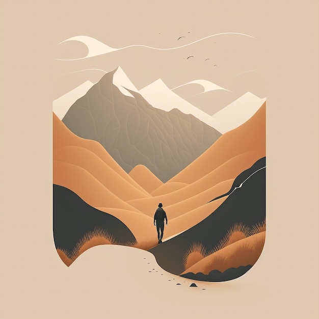 Illustrazione minima della montagna del paesaggio di viaggio di ai generativa con camminata del viaggiatore di wanderlust