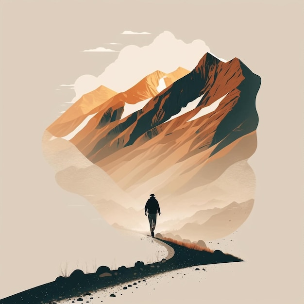 Illustrazione minima della montagna del paesaggio di viaggio di ai generativa con camminata del viaggiatore di wanderlust