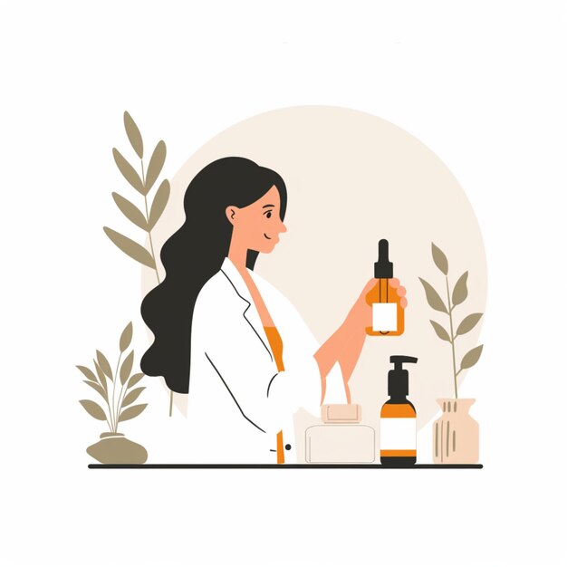 Illustrazione minimalista a colori pastello di una donna che prova oli essenziali