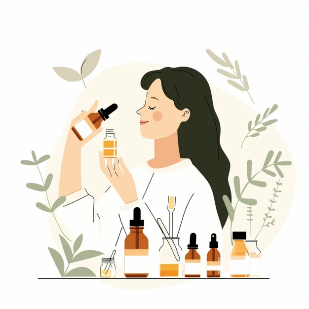 Illustrazione minimalista a colori pastello di una donna che prova oli essenziali