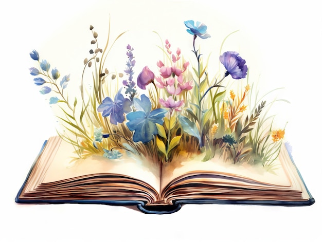 Illustrazione minimalista ad acquerello di fiori che crescono da un vecchio libro aperto generato dall'AI
