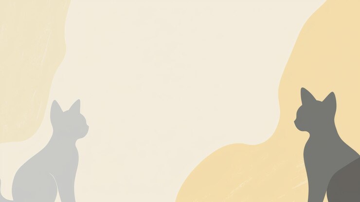 Illustrazione minimalista con due silhouette di gatti stilizzate rivolte in direzioni opposte su uno sfondo astratto a colori pastello strutturato che offre spazio di copia al centro