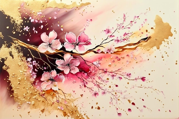 Illustrazione minimalista del modello della cartolina d'auguri rosa e oro del fiore di ciliegio di sakura
