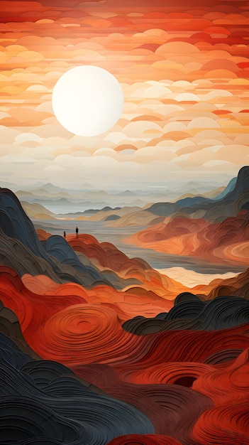 Illustrazione minimalista di montagne rosse e fiume con il sole in lontananza