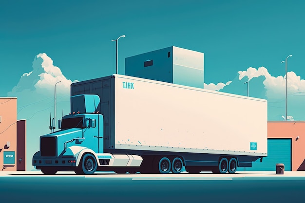 Illustrazione minimalista di un camion parcheggiato in un magazzino con un cielo blu sullo sfondo