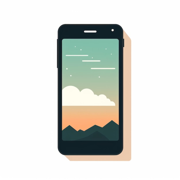 Illustrazione minimalista di uno smartphone con paesaggi di montagna