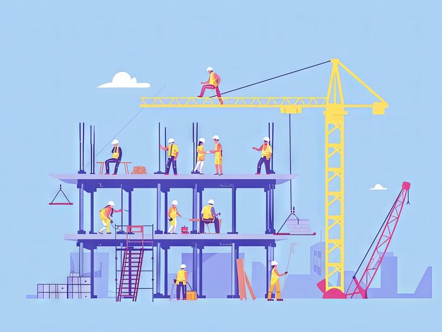 Illustrazione minimalista Lavoro di squadra un gruppo di operai sul cantiere