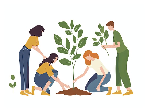 Illustrazione minimalista Lavoro di squadra una squadra sta piantando alberi insieme