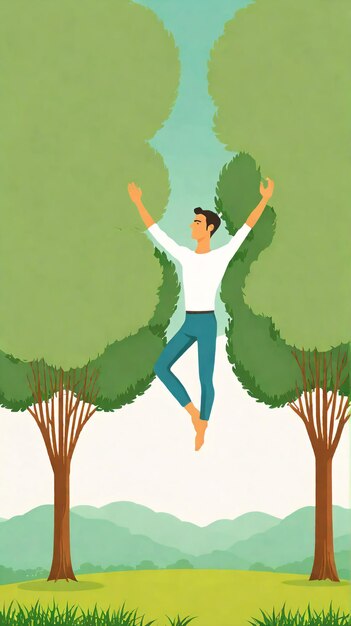 Illustrazione minimalista un uomo che salta in aria tra gli alberi