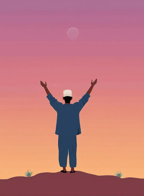 Illustrazione minimalista un uomo in piedi in cima a una collina con le braccia alzate in aria