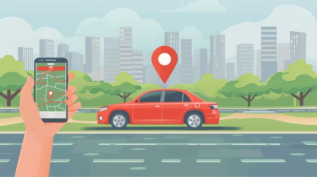 Illustrazione moderna che mostra il servizio di car-sharing Paesaggio urbano con marca di geolocalizzazione auto e smartphone Illustrazione piatta di un'auto a noleggio online