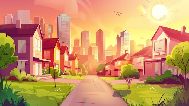 Illustrazione moderna di accoglienti cottage lungo un vicolo rurale con erba verde grattacieli moderni rosa e arancione cielo sole all'orizzonte crepuscolo paesaggio cittadino al tramonto
