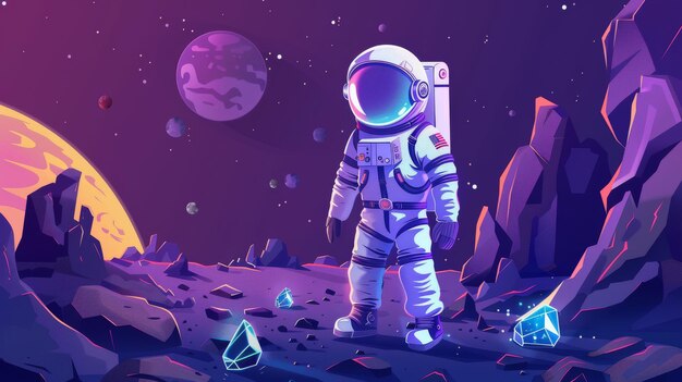 Illustrazione moderna di cartone animato di un astronauta che esplora un pianeta alieno in una galassia lontana Uomo spaziale in tuta e casco sulla superficie del pianeta con rocce, crepe e punti luminosi