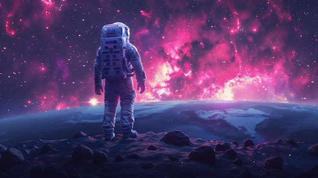 Illustrazione moderna di un astronauta che esplora un pianeta nella lontana galassia con una tuta e un casco con rocce, crepe e macchie luminose