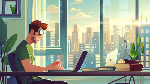 Illustrazione moderna di un giovane che lavora al portatile a casa guardando fuori dalla finestra in un moderno paesaggio cittadino impresa di start-up di apprendimento a distanza