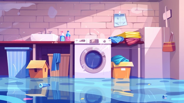 Illustrazione moderna di un seminterrato allagato con scatole e cesti pieni di vestiti e attrezzature da lavanderia danneggiate
