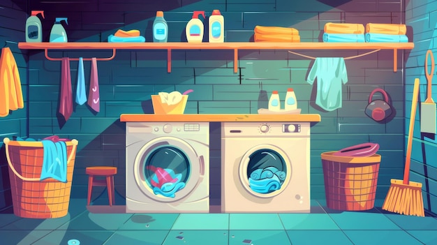 Illustrazione moderna in cartone animato di una lavanderia del seminterrato con una lavatrice automatica, un asciugatrice automatica, bottiglie di detergente per la tavola di ferro su uno spazzolino da scaffale e cesti di secchi con vestiti e bottiglie da detergente