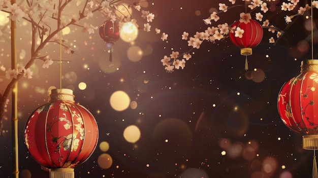 Illustrazione moderna per il Capodanno cinese banner di copertina calendario del sito web con lanterna dorata bambù e fiori di ciliegio Illustrazione orientale elegante per il calendario del sito Web banner di cover