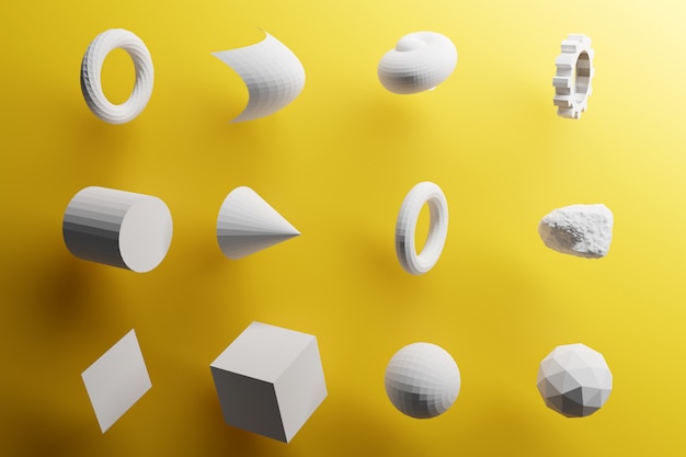 Illustrazione monocromatica del primo piano 3d. Diverse forme geometriche