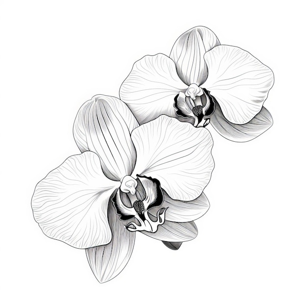 Illustrazione monocromatica dettagliata dei fiori dell'orchidea disegnata a mano con forte contrasto