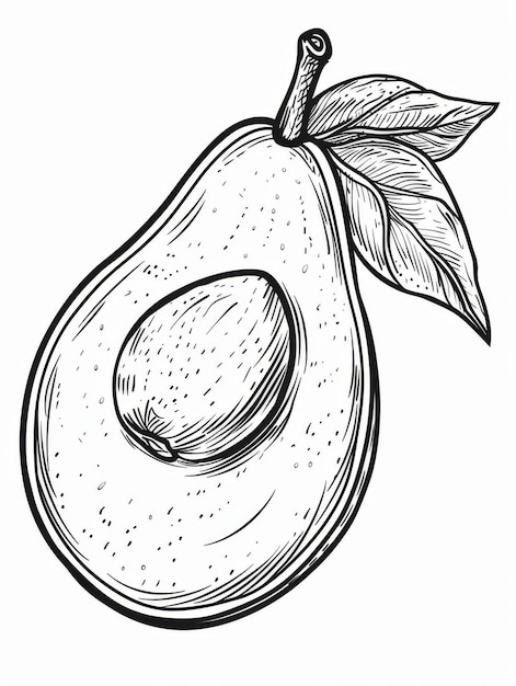 Illustrazione monocromatica di un avocado a metà con un seme e una foglia