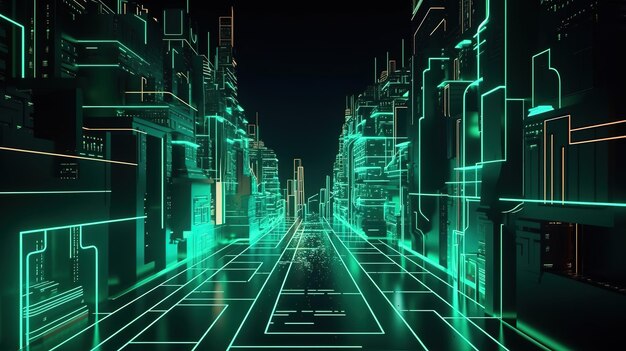 Illustrazione mozzafiato di un tunnel futuristico con luci al neon Generative Ai