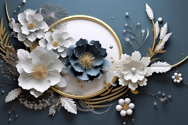 Illustrazione murale 3d sfondo blu bianco con gioielli d'oro e fiori in nero decorativo