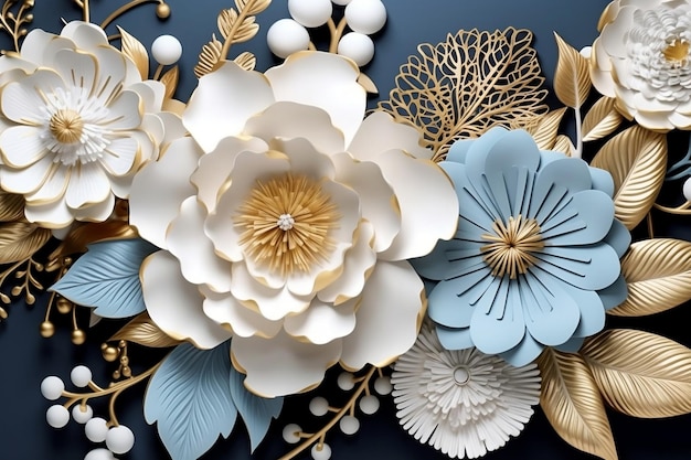 Illustrazione murale 3d sfondo blu bianco con gioielli d'oro e fiori in nero decorativo