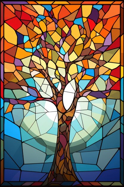 Illustrazione murale in stile vetro colorato con un albero astratto
