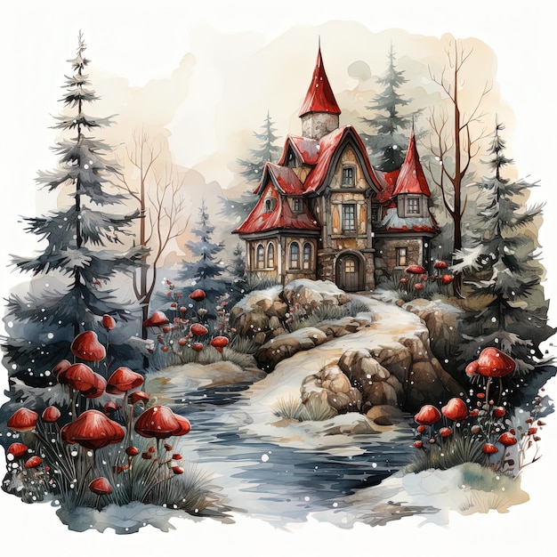 Illustrazione natalizia ad acquerello di un villaggio magico di nani
