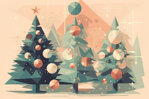 Illustrazione natalizia astratta con alberi di Natale colori azzurri e arancione stile retro piatto