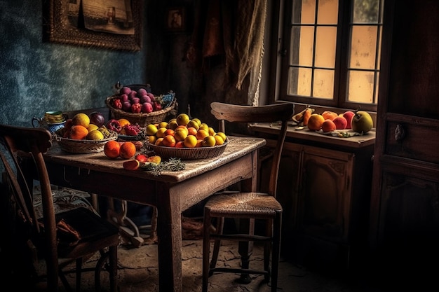 Illustrazione natura morta con frutta su tavola di legno cucina rustica in toni drammatici Generatore AI