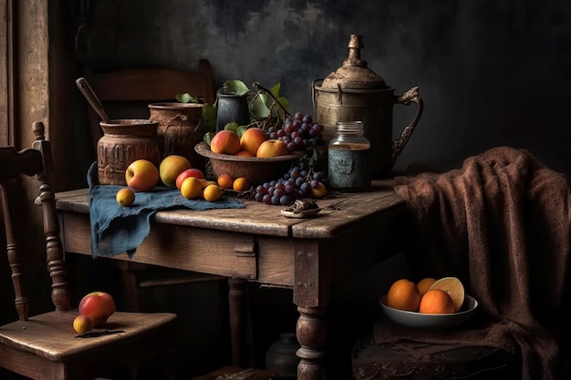 Illustrazione natura morta con frutta su tavola di legno cucina rustica in toni drammatici Generatore AI