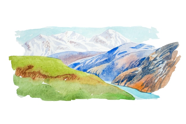 Illustrazione naturale dell'acquerello delle montagne e del prato del paesaggio estivo