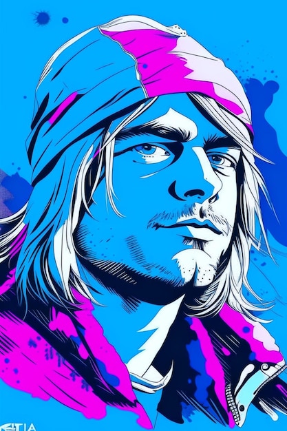 illustrazione nei toni del rosa blu del cantante musicale Kurt Cobain leader nirvana