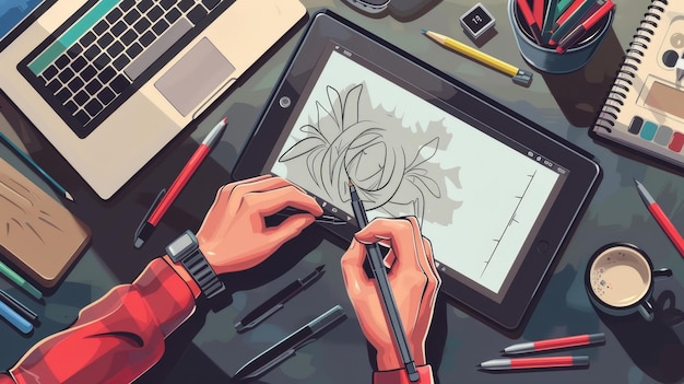 Illustrazione nello spazio di lavoro creativo Artista con penna a stilo in pad a mano e portatile Disegno nello spazio di workplace creativo Creazione di illustrazioni su tablet grafici Arte moderna piatta