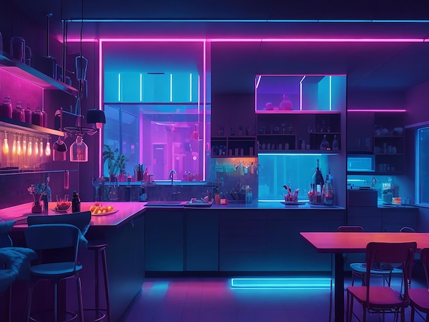 Illustrazione notturna di una cucina moderna con un bancone bar con luci a sospensione e luci al neon in vetro