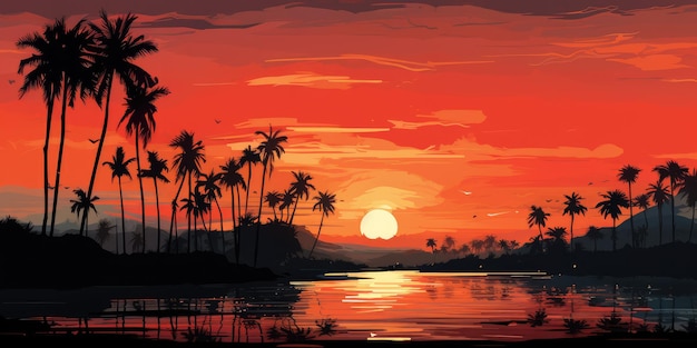 Illustrazione orizzontale di un tramonto su un'isola paradisiaca IA generativa